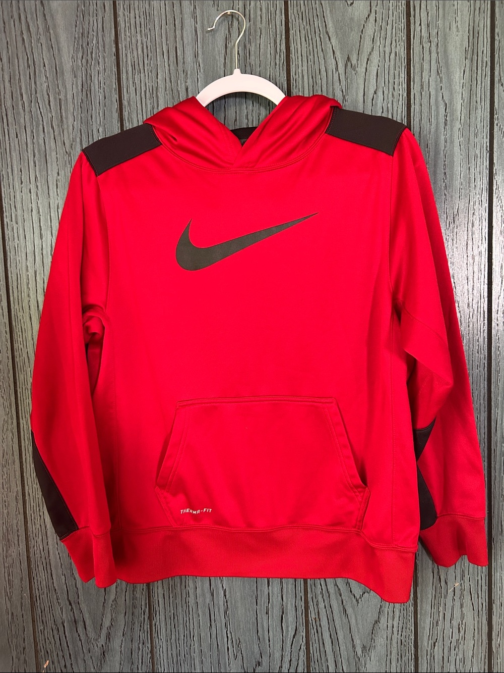 Nike Red Hoodie with Black Swoosh and Shoulder Accents